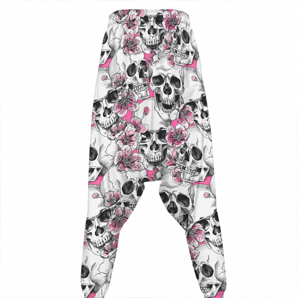 Pink Flowers Skull Pattern Print Hammer Pants