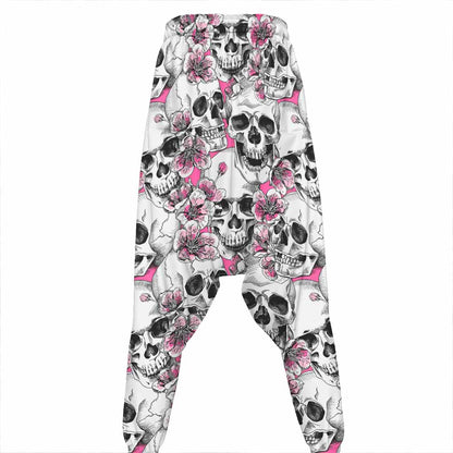 Pink Flowers Skull Pattern Print Hammer Pants