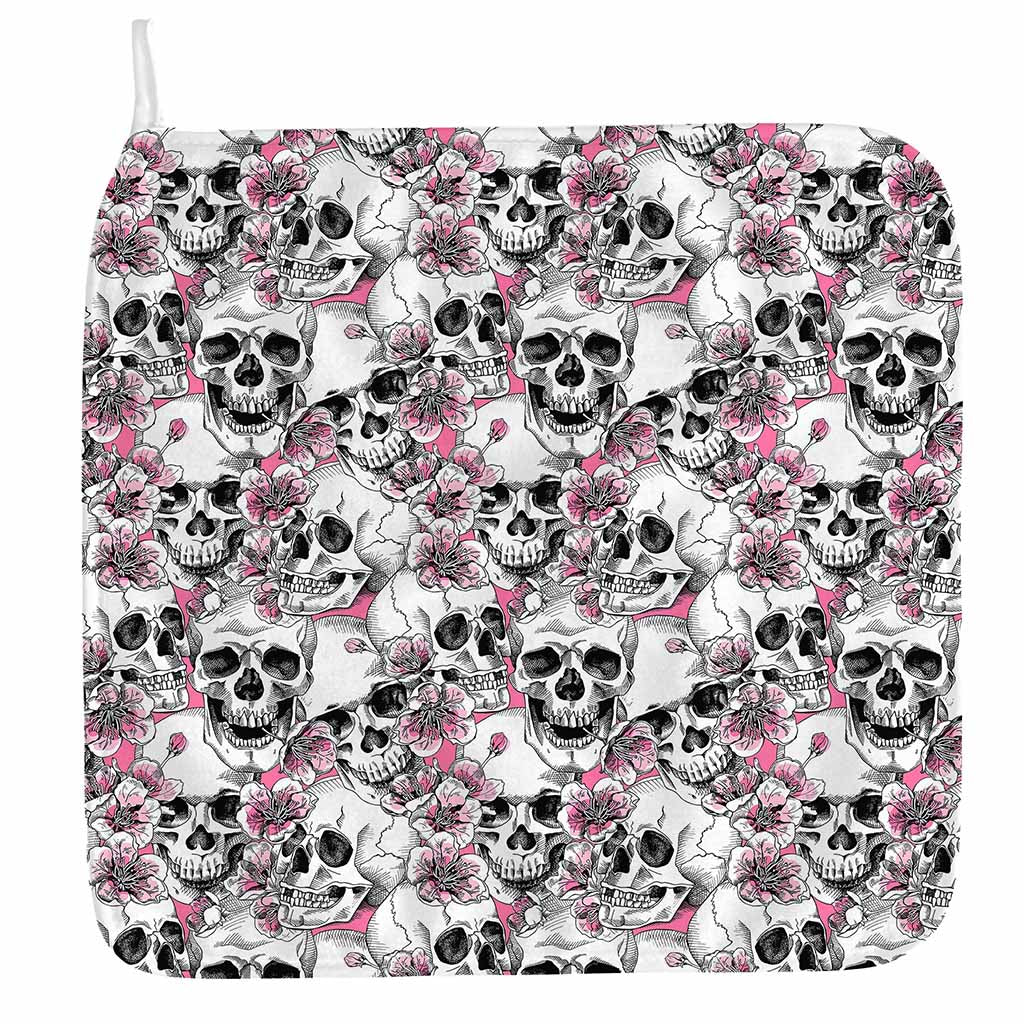 Pink Flowers Skull Pattern Print Hand Towel