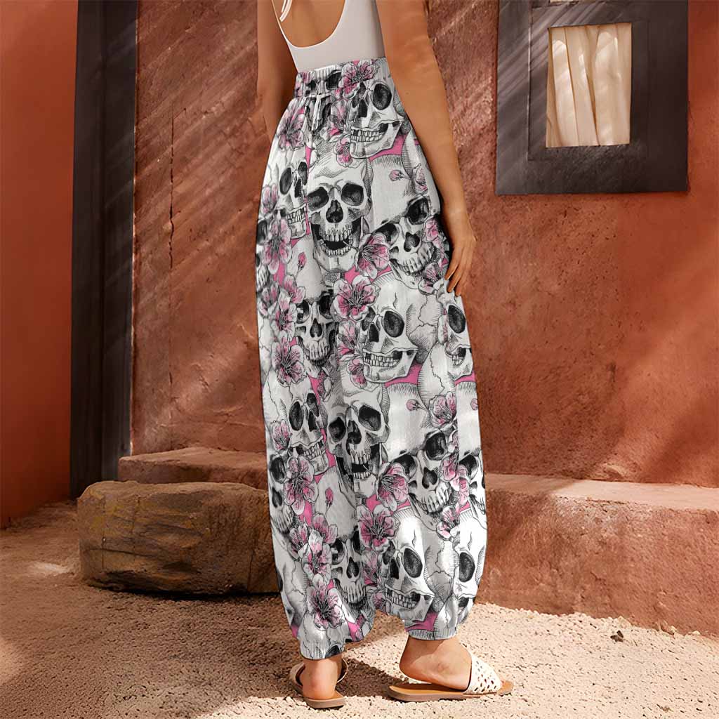 Pink Flowers Skull Pattern Print Harem Pants