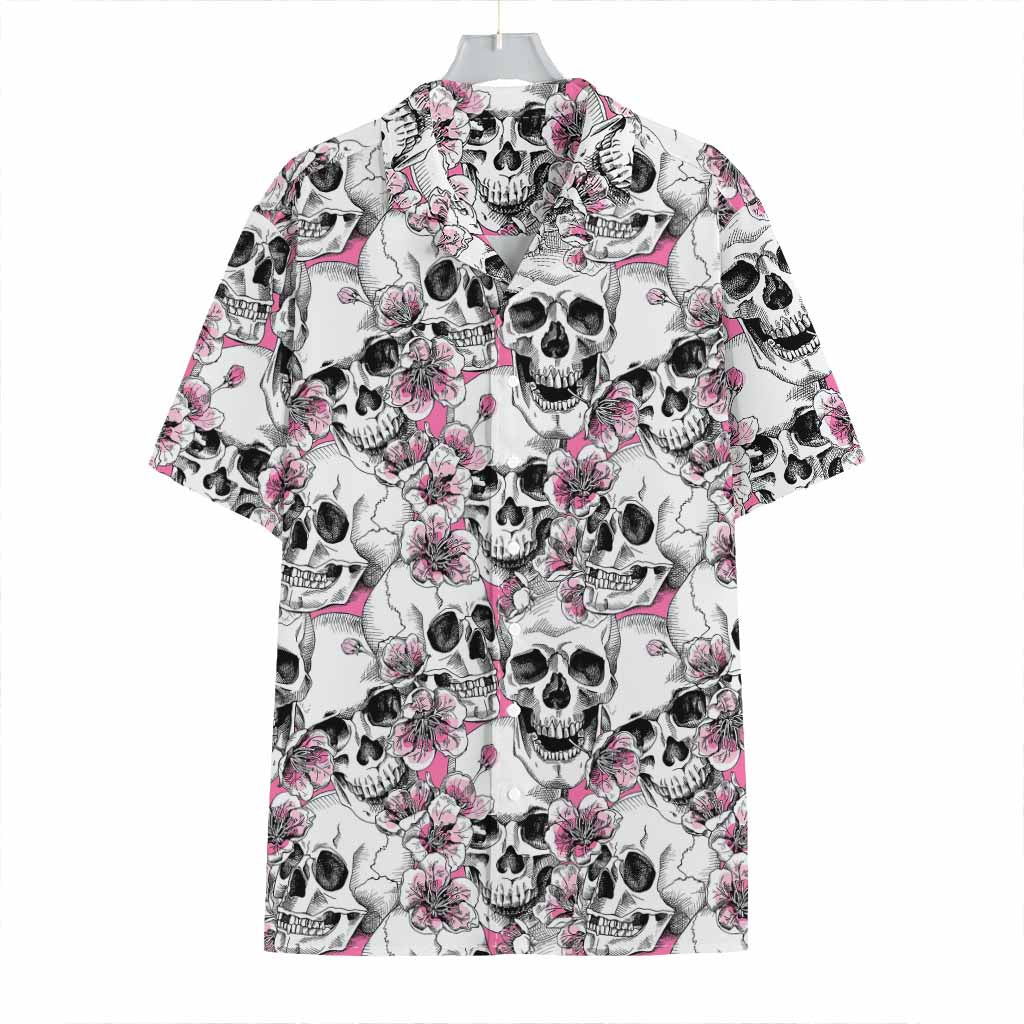 Pink Flowers Skull Pattern Print Hawaiian Shirt