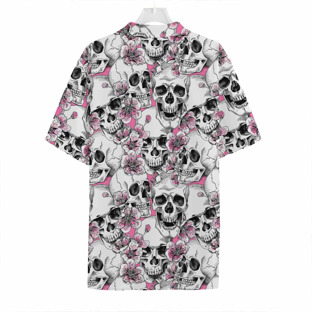 Pink Flowers Skull Pattern Print Hawaiian Shirt