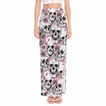 Pink Flowers Skull Pattern Print High Slit Maxi Skirt