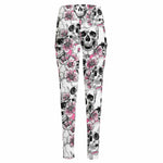 Pink Flowers Skull Pattern Print High-Waisted Pocket Leggings