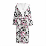 Pink Flowers Skull Pattern Print Hooded Bathrobe
