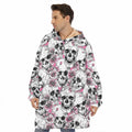 Pink Flowers Skull Pattern Print Hoodie Blanket