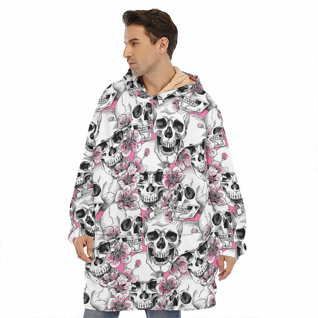 Pink Flowers Skull Pattern Print Hoodie Blanket