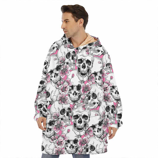 Pink Flowers Skull Pattern Print Hoodie Blanket