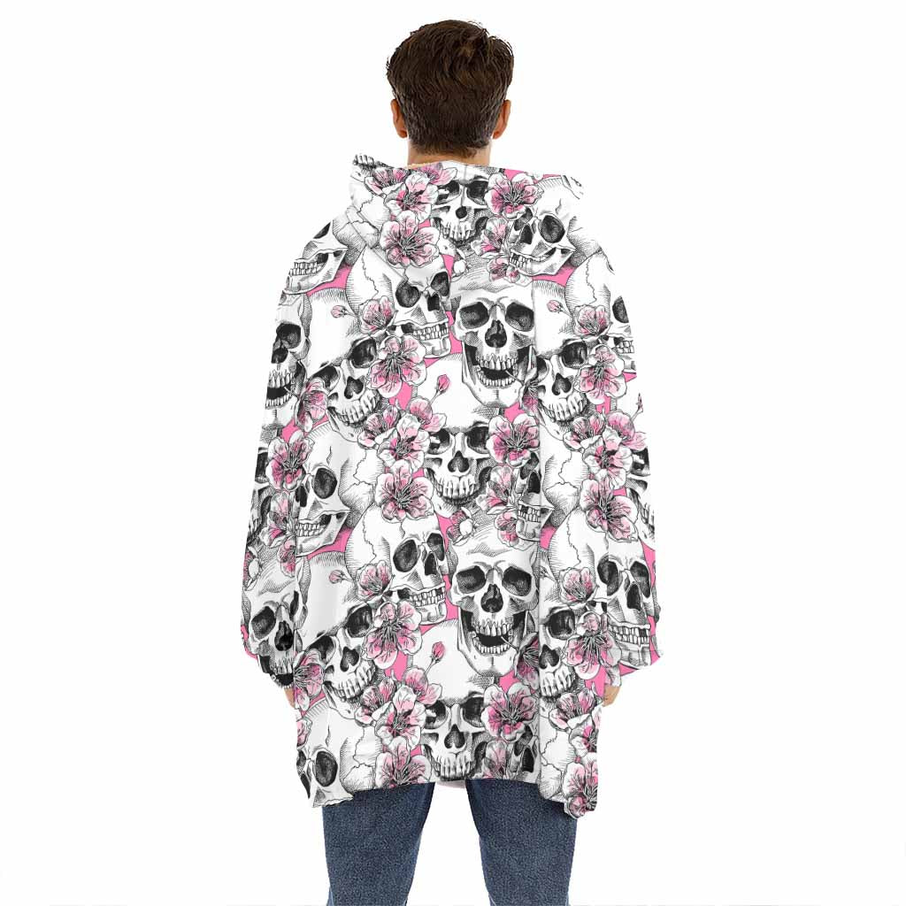Pink Flowers Skull Pattern Print Hoodie Blanket