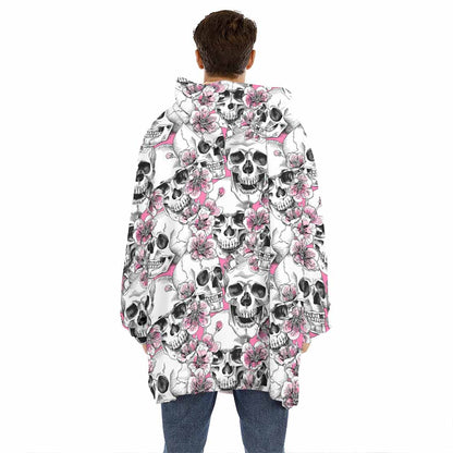 Pink Flowers Skull Pattern Print Hoodie Blanket