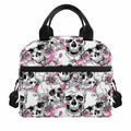 Pink Flowers Skull Pattern Print Insulated Lunch Bag