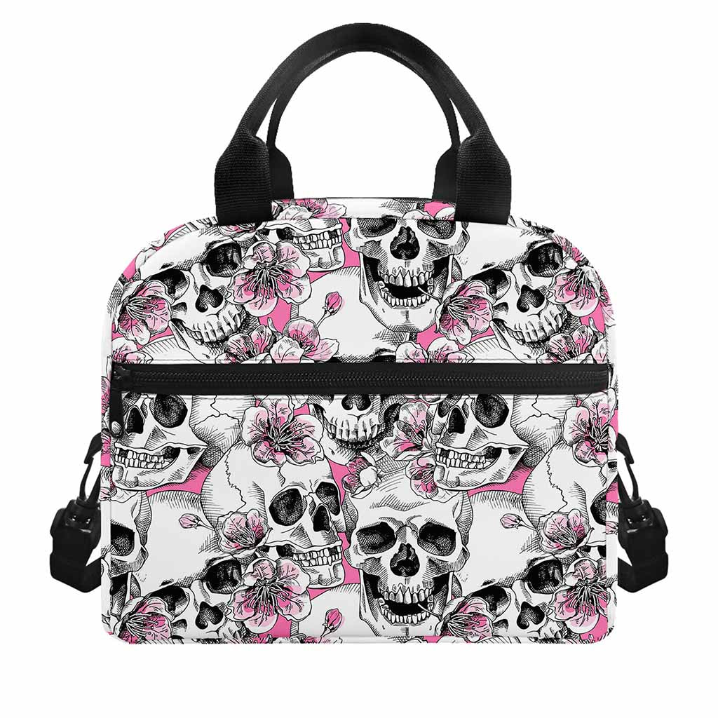 Pink Flowers Skull Pattern Print Insulated Lunch Bag