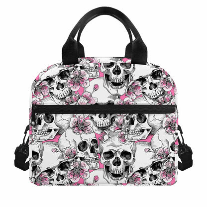 Pink Flowers Skull Pattern Print Insulated Lunch Bag