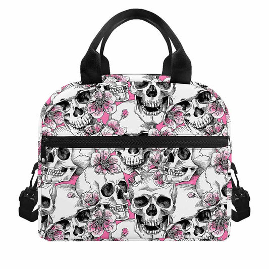 Pink Flowers Skull Pattern Print Insulated Lunch Bag