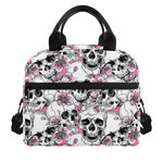 Pink Flowers Skull Pattern Print Insulated Lunch Bag