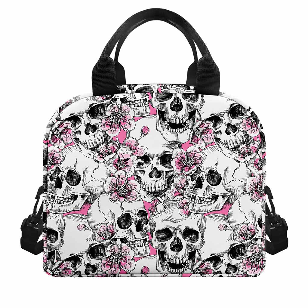 Pink Flowers Skull Pattern Print Insulated Lunch Bag