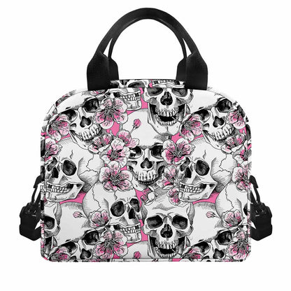 Pink Flowers Skull Pattern Print Insulated Lunch Bag