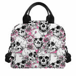 Pink Flowers Skull Pattern Print Insulated Lunch Bag
