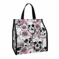 Pink Flowers Skull Pattern Print Insulated Lunch Tote