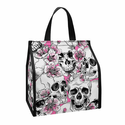 Pink Flowers Skull Pattern Print Insulated Lunch Tote