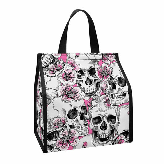 Pink Flowers Skull Pattern Print Insulated Lunch Tote