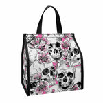 Pink Flowers Skull Pattern Print Insulated Lunch Tote