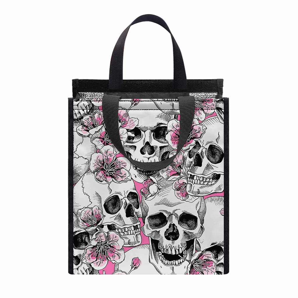 Pink Flowers Skull Pattern Print Insulated Lunch Tote