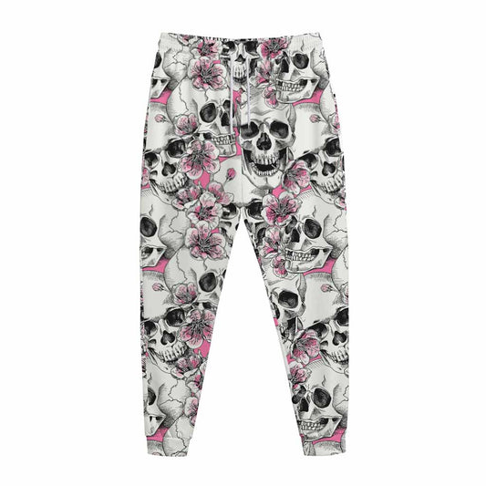 Pink Flowers Skull Pattern Print Jogger Pants