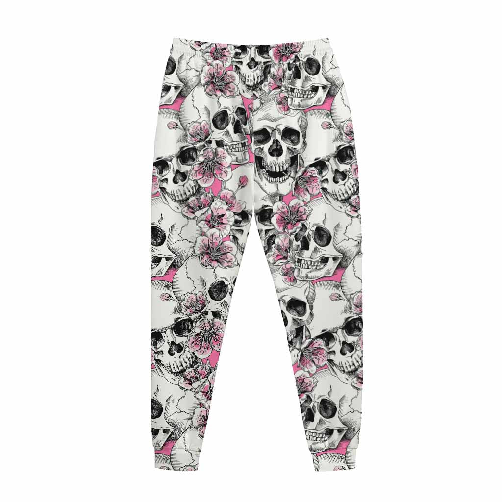 Pink Flowers Skull Pattern Print Jogger Pants