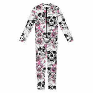 Pink Flowers Skull Pattern Print Jumpsuit