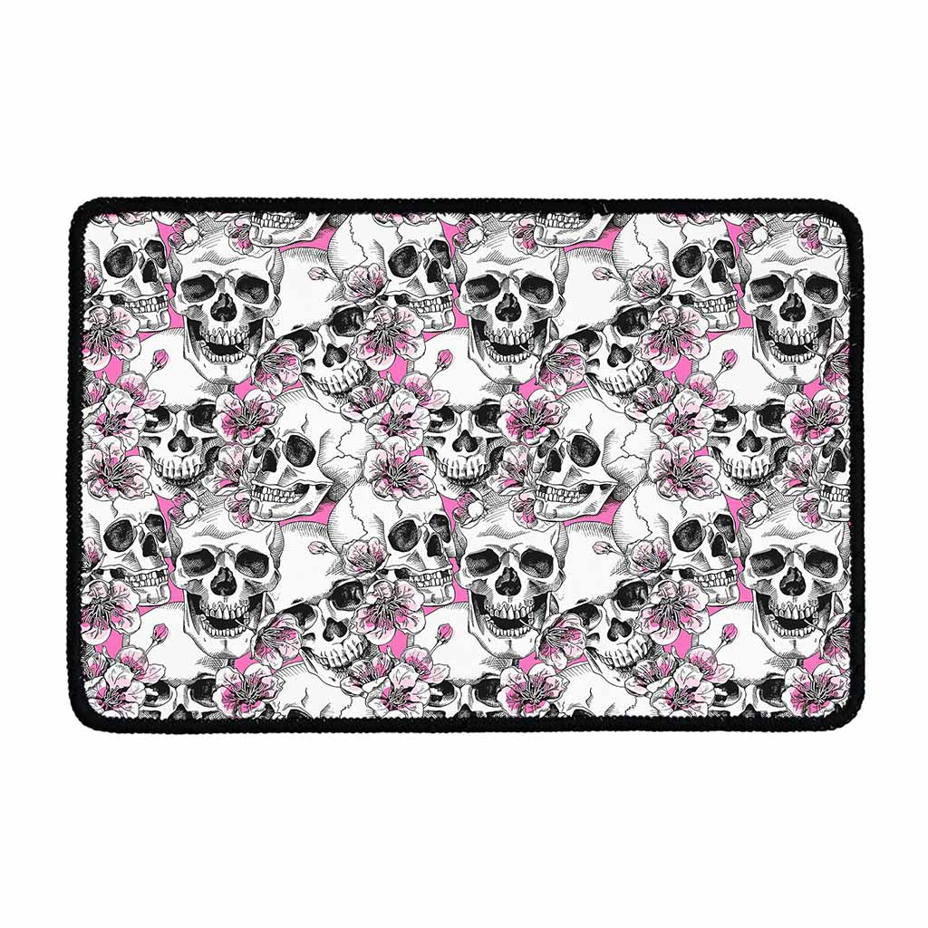 Pink Flowers Skull Pattern Print Kitchen Mat