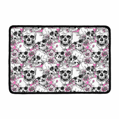 Pink Flowers Skull Pattern Print Kitchen Mat