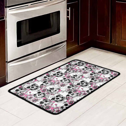 Pink Flowers Skull Pattern Print Kitchen Mat