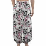 Pink Flowers Skull Pattern Print Lantern Pants
