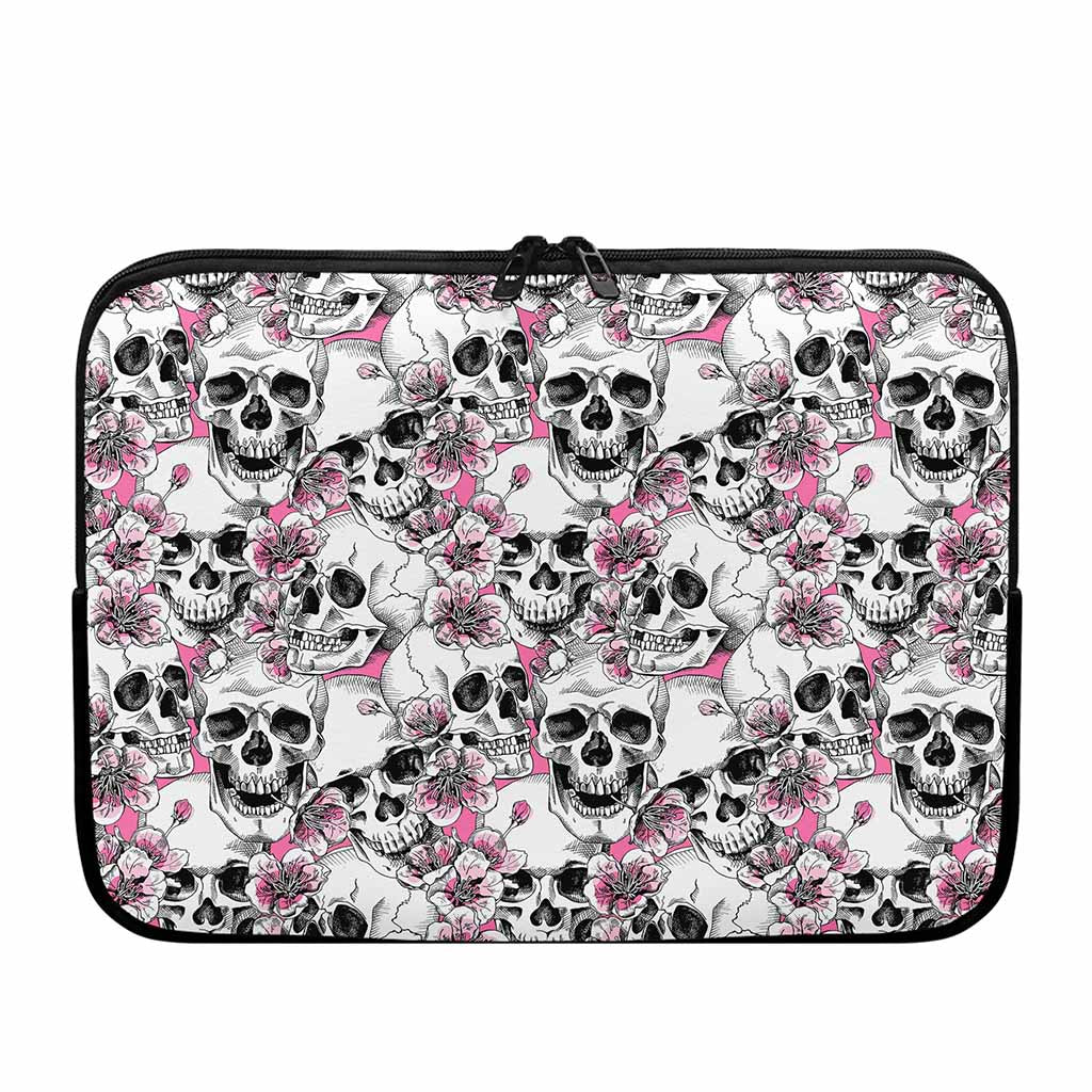 Pink Flowers Skull Pattern Print Laptop Sleeve
