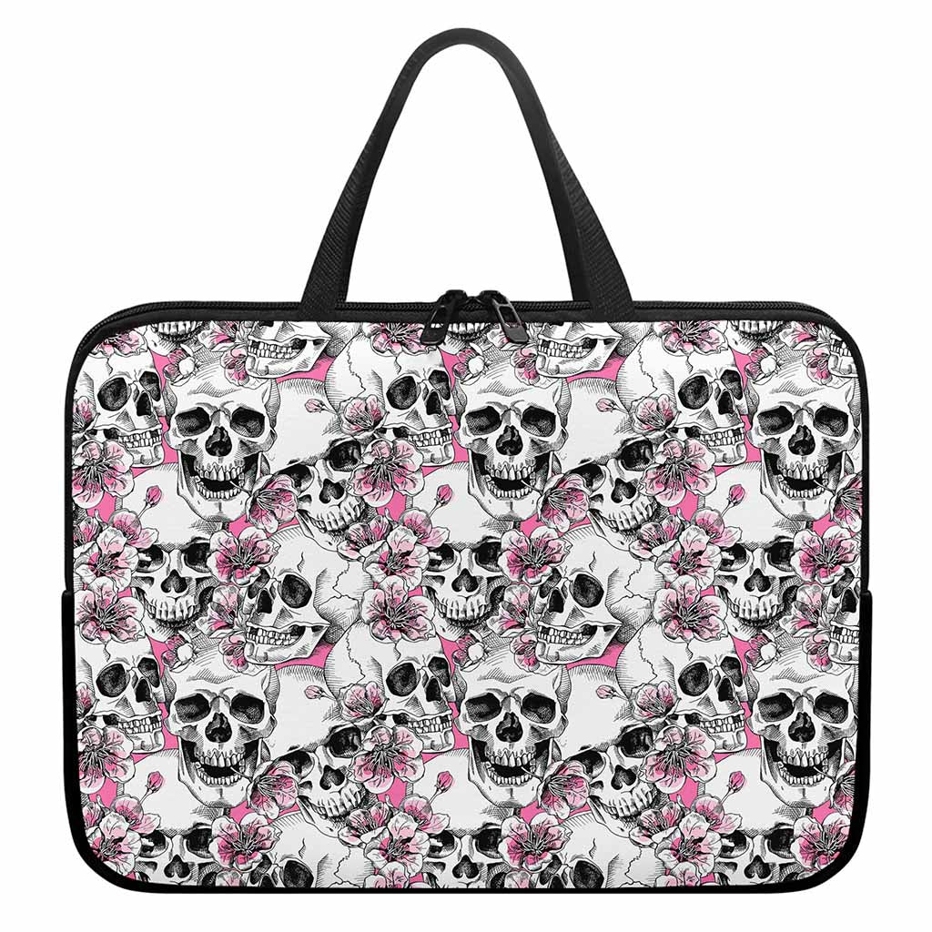 Pink Flowers Skull Pattern Print Laptop Sleeve With Handle