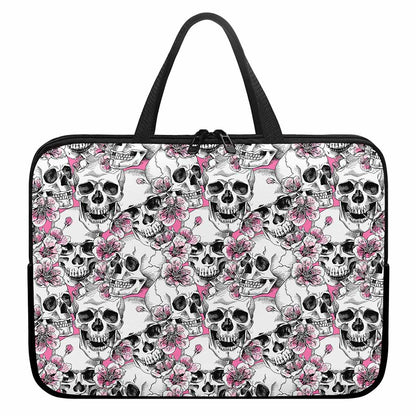 Pink Flowers Skull Pattern Print Laptop Sleeve With Handle