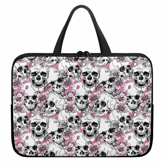 Pink Flowers Skull Pattern Print Laptop Sleeve With Handle