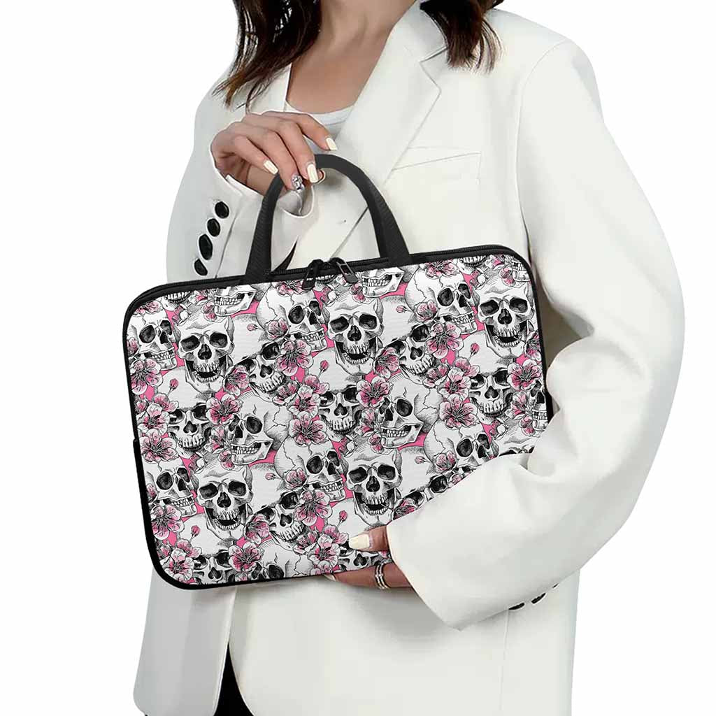 Pink Flowers Skull Pattern Print Laptop Sleeve With Handle