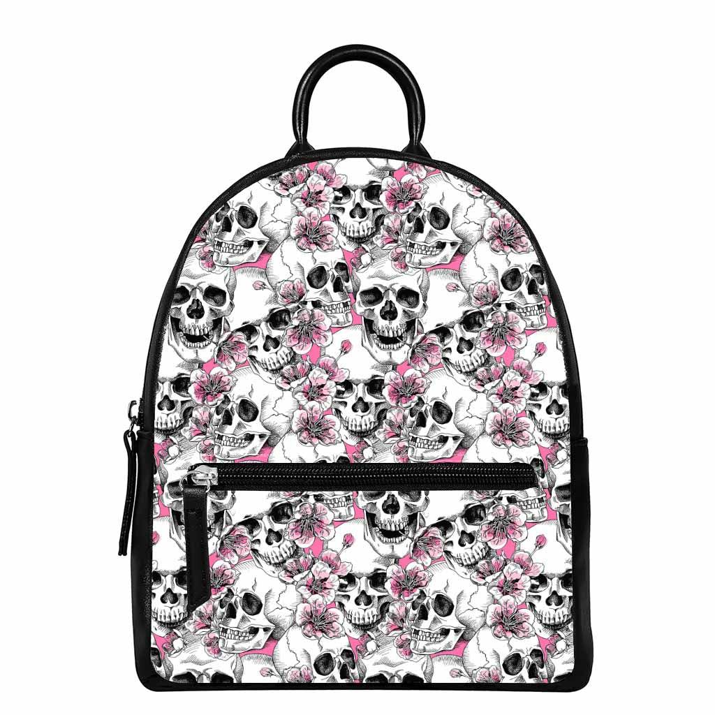 Pink Flowers Skull Pattern Print Leather Backpack
