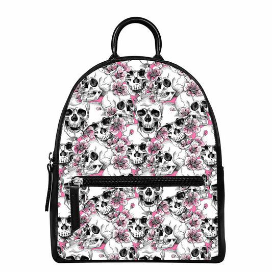 Pink Flowers Skull Pattern Print Leather Backpack