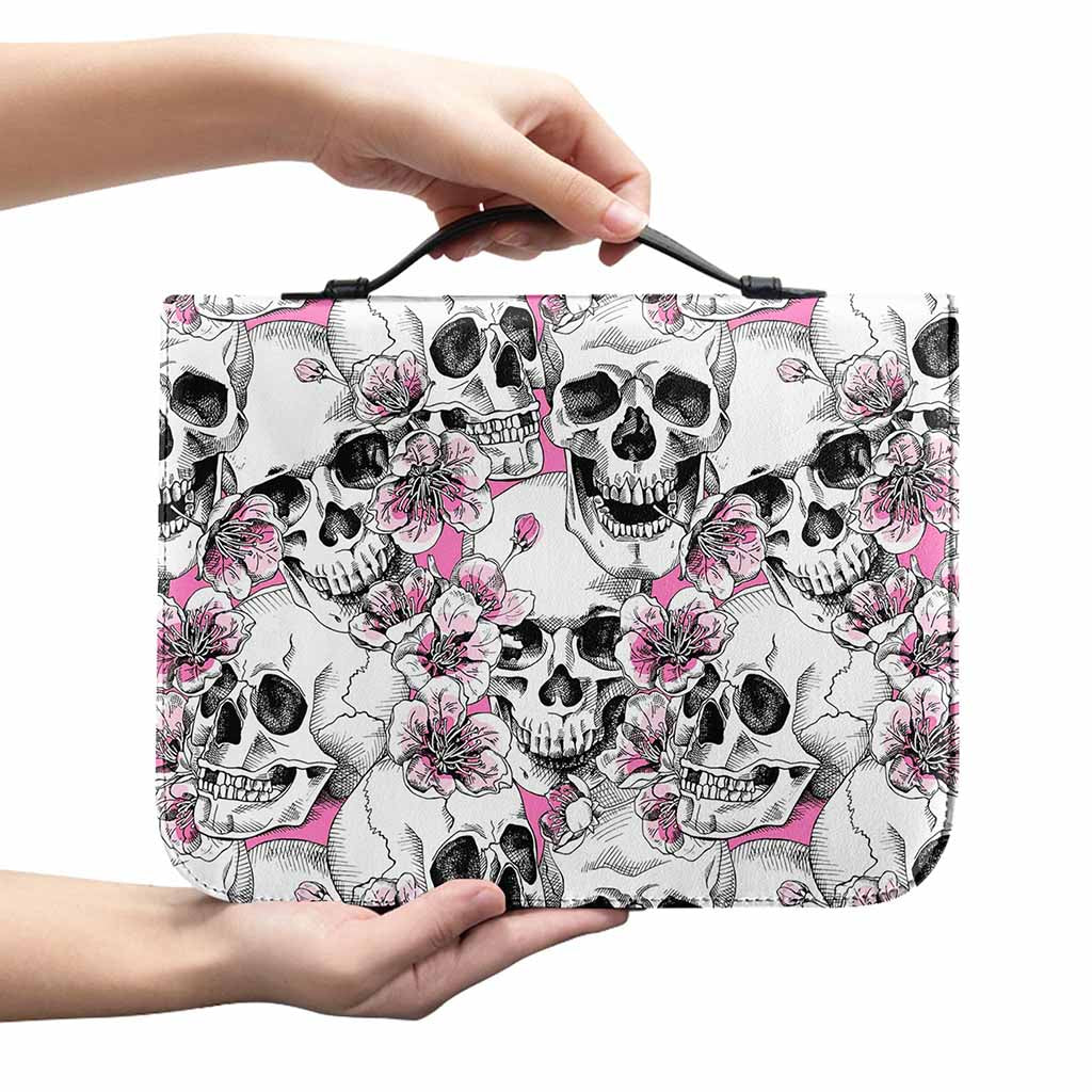 Pink Flowers Skull Pattern Print Leather Bible Cover