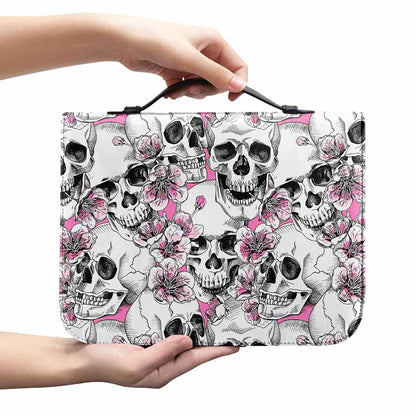 Pink Flowers Skull Pattern Print Leather Bible Cover