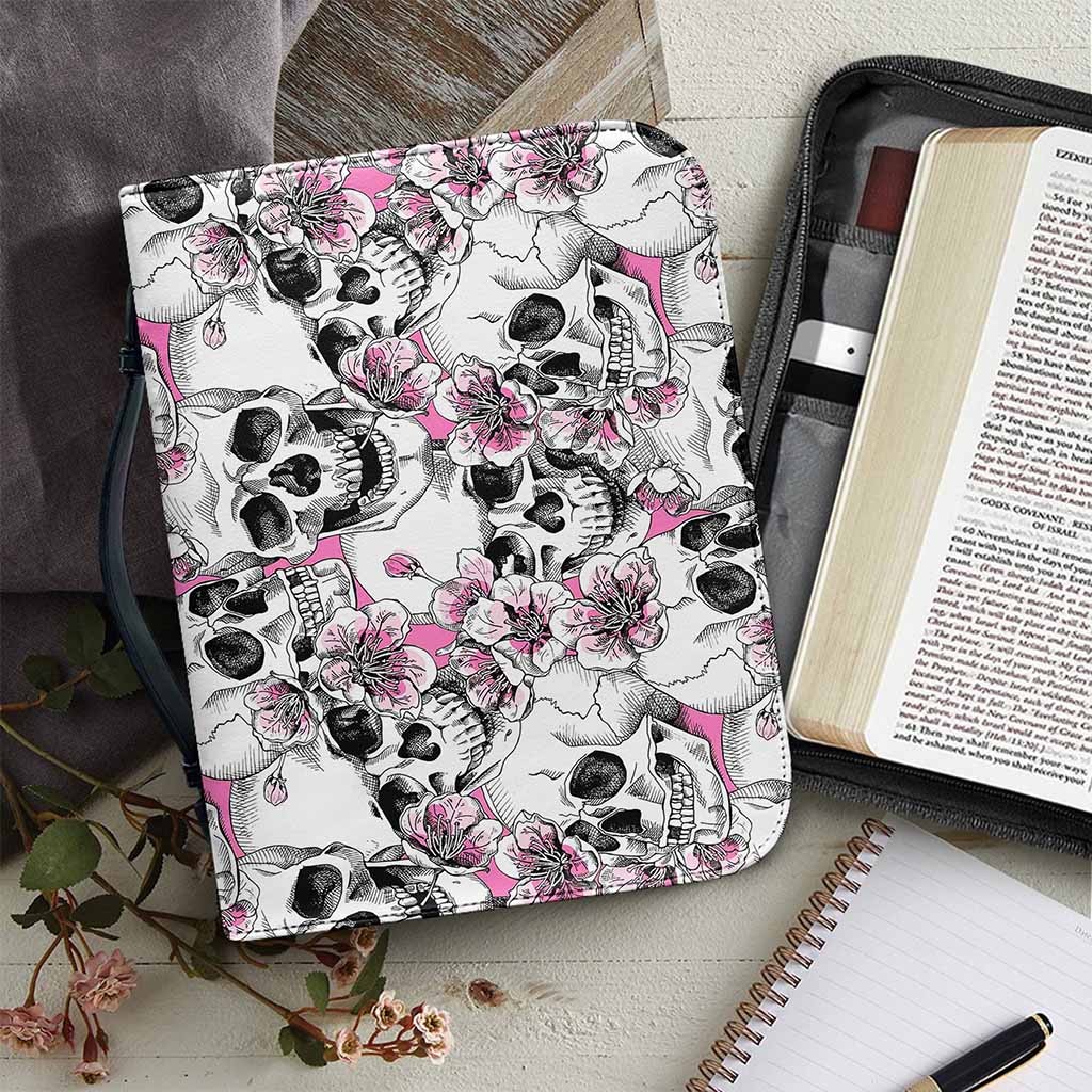 Pink Flowers Skull Pattern Print Leather Bible Cover