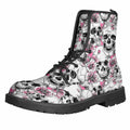 Pink Flowers Skull Pattern Print Lace-Up Boots