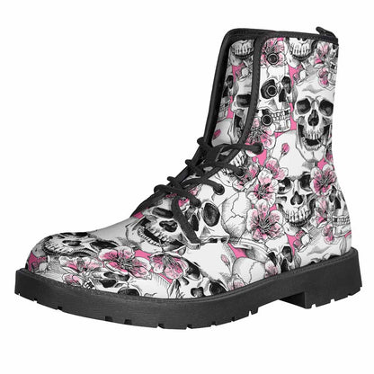 Pink Flowers Skull Pattern Print Backpack