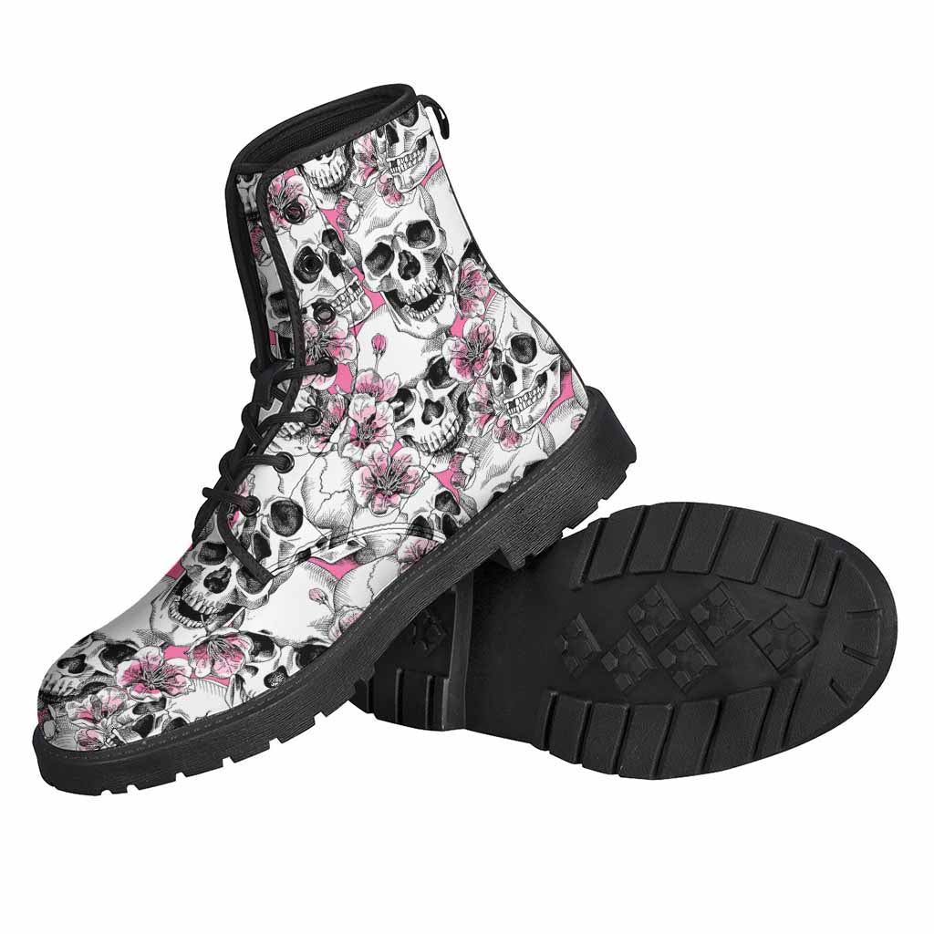 Pink Flowers Skull Pattern Print Backpack