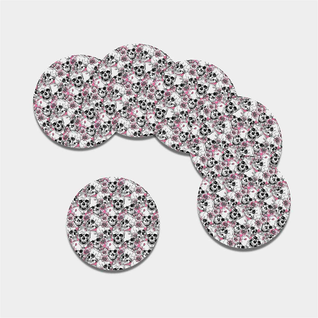 Pink Flowers Skull Pattern Print Leather Coaster Set
