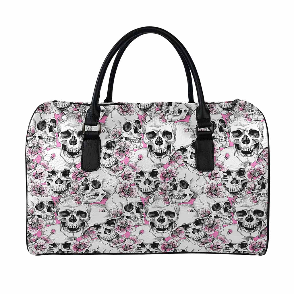 Pink Flowers Skull Pattern Print Leather Duffle Bag
