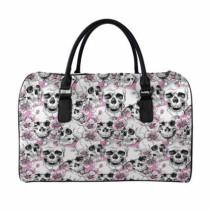 Pink Flowers Skull Pattern Print Leather Duffle Bag